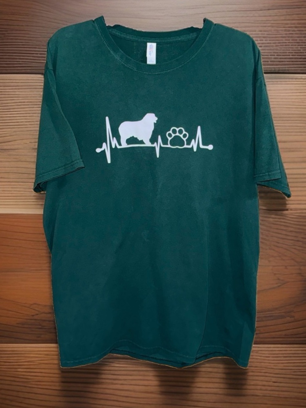 Jerzees Dark Green Crewneck Tee w/Aussie, Dog Paw Heartbeat Graphic-L-EC